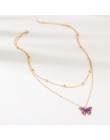 Luksusowe europejskie kobiety wisiorek z motylem naszyjniki kobiece kolorowe Rhinestone złoty łańcuszek prosty naszyjnik Choker 