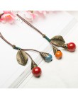 Długa skórzana lina łańcuchowa kulka ceramiczna wisiorek w stylu Vintage sweter naszyjnik łańcuch Choker dla kobiet odzież preze