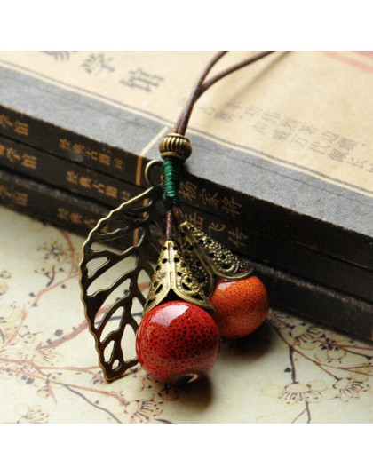 Długa skórzana lina łańcuchowa kulka ceramiczna wisiorek w stylu Vintage sweter naszyjnik łańcuch Choker dla kobiet odzież preze