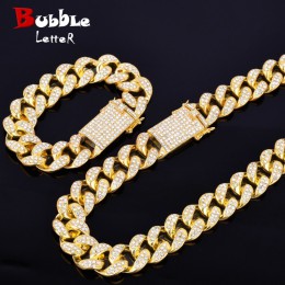 Alloy Crystal Heavy Miami kubański łańcuch z bransoletką i naszyjnik zestaw złoty kolor 20mm duży Choker męski Hip hop biżuteria