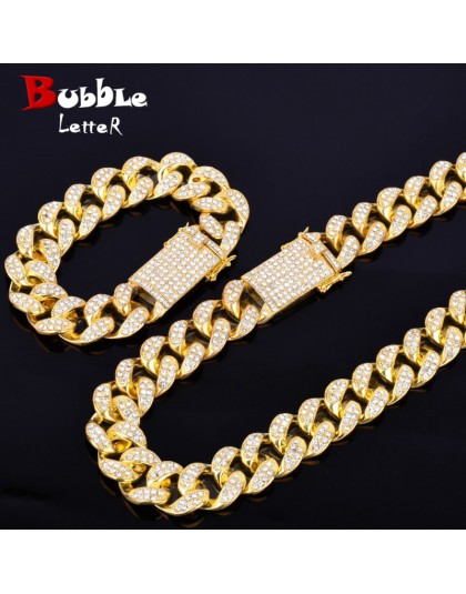 Alloy Crystal Heavy Miami kubański łańcuch z bransoletką i naszyjnik zestaw złoty kolor 20mm duży Choker męski Hip hop biżuteria