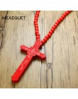 Meaeguet duże drewno katolicki jezus krzyż z drewniany koralik rzeźbione różaniec wisiorek długi Collier komunikat naszyjnik męż