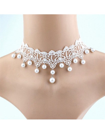 Nowe mody eleganckie Vintage sztuczna biała perła koronki komunikat Choker naszyjniki biżuteria ślubna dla kobiet ślub