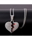 Spersonalizowana moda złamane serce wisiorek naszyjniki kobiety mężczyźni Hip Hop biżuteria Bling Rhinestone złoty srebrny długi