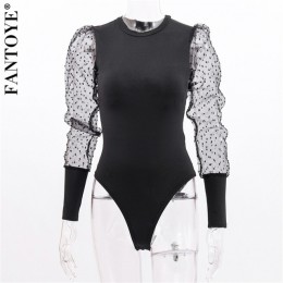 FANTOYE nowa koronkowa bufiaste rękawy damskie body jesień z długim rękawem Polka Dot Vintage kombinezon typu bodycon topy Skinn