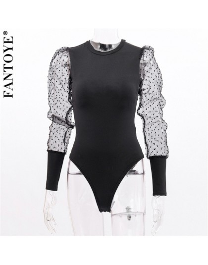 FANTOYE nowa koronkowa bufiaste rękawy damskie body jesień z długim rękawem Polka Dot Vintage kombinezon typu bodycon topy Skinn