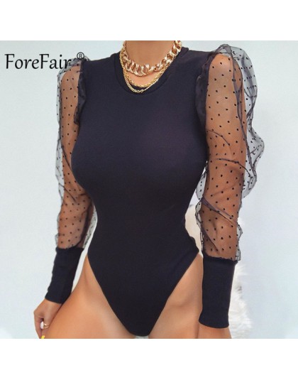 Forefair Mesh Sexy Body z długim rękawem kobiety jesień Body topy kobieta O Neck Slim Polka Dot czarny biały 2019 Body