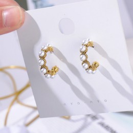 MENGJIQIAO 2019 nowa gorąca sprzedaż Vintage kolorowe Rhinestone kolczyki małe kółka kobiety moda imitacja perły półkole Pendien