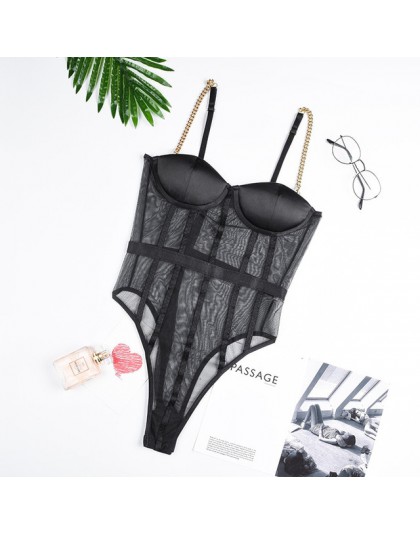 ArtSu metalowy łańcuszek pasy kombinezon bez pleców czarna siatka przezroczysty body Bralette damski bodycon kombinezon Club Par