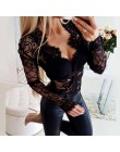 Mesh Lace kostium kąpielowy z wycięciami kobiety Sexy z długim rękawem dekolt w serek czarne body damskie 2020 wiosna lato moda 