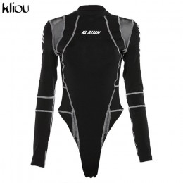 Kliou damskie body z pełnym rękawem z golfem mesh patchwork, nadruki, napisy 2019 nowe modne damskie, treningowe street casual p