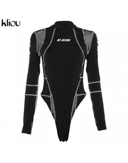 Kliou damskie body z pełnym rękawem z golfem mesh patchwork, nadruki, napisy 2019 nowe modne damskie, treningowe street casual p