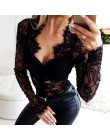 Mesh Lace kostium kąpielowy z wycięciami kobiety Sexy z długim rękawem dekolt w serek czarne body damskie 2020 wiosna lato moda 