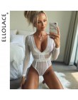 Ellolace Sexy koronkowe Body z długim rękawem kobiety kombinezon bez pleców Mesh przepuszczalność pajacyki miś głębokie dekolt w