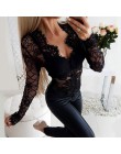 Mesh Lace kostium kąpielowy z wycięciami kobiety Sexy z długim rękawem dekolt w serek czarne body damskie 2020 wiosna lato moda 