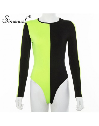 Simenual Patchwork Casual kobiety Neon body Bodycon moda z długim rękawem pajacyki kolor blokowanie moda kombinezony jednoczęści