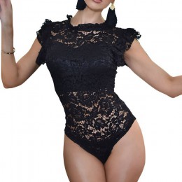Seksowny erotyczny kombinezon jednoczęściowy kobiety drążą koronkowe Body Feminino Ruffles z krótkim rękawem Body topy Skinny Pa