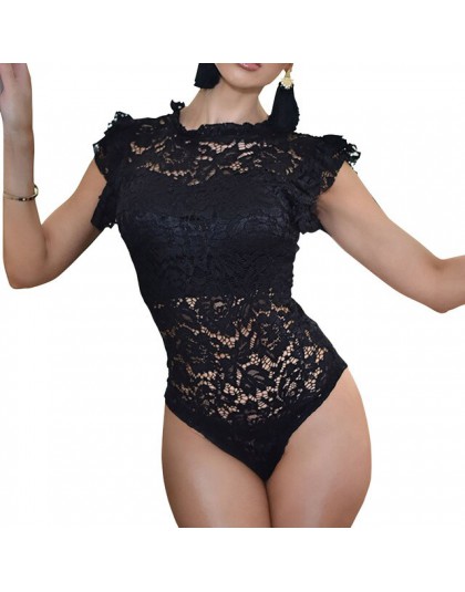 Seksowny erotyczny kombinezon jednoczęściowy kobiety drążą koronkowe Body Feminino Ruffles z krótkim rękawem Body topy Skinny Pa