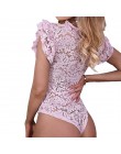 Seksowny erotyczny kombinezon jednoczęściowy kobiety drążą koronkowe Body Feminino Ruffles z krótkim rękawem Body topy Skinny Pa