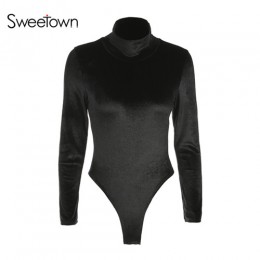 Sweetown Casual Velvet Body z długim rękawem kobiety elegancki kombinezon krótki 2019 jesień zima Body z golfem Body Mujer