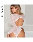 Ellolace Sexy koronkowe Body z długim rękawem kobiety kombinezon bez pleców Mesh przepuszczalność pajacyki miś głębokie dekolt w