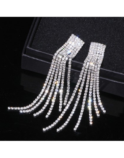 Nowe srebrne z kryształem górskim kryształowe długie kolczyki Tassel dla kobiet Bridal Drop zwisające kolczyki Brincos biżuteria