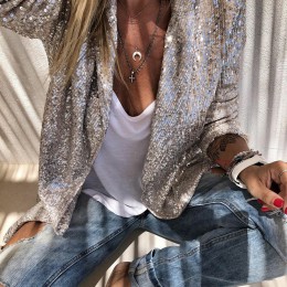 Cekiny z długim rękawem Blazers moda kobiety Shiny blezer na imprezę płaszcz srebrny Casual z długim rękawem żakiet z dzianiny d