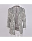 Cekiny z długim rękawem Blazers moda kobiety Shiny blezer na imprezę płaszcz srebrny Casual z długim rękawem żakiet z dzianiny d