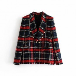 Vintage podwójne piersi postrzępione sprawdzone Tweed Blazers płaszcz kobiety 2020 modne etui kratę panie odzieży dorywczo Casac