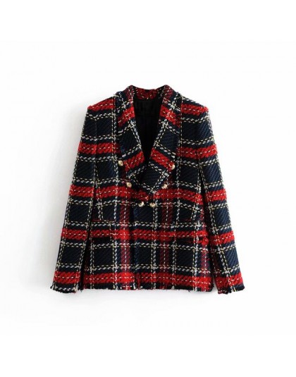 Vintage podwójne piersi postrzępione sprawdzone Tweed Blazers płaszcz kobiety 2020 modne etui kratę panie odzieży dorywczo Casac