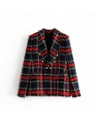 Vintage podwójne piersi postrzępione sprawdzone Tweed Blazers płaszcz kobiety 2020 modne etui kratę panie odzieży dorywczo Casac