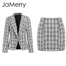 JaMerry w stylu Vintage 2 sztuka zestaw plaid blazer kobiety przyciski podwójne piersi urząd lady blazer kurtki odzież do pracy 