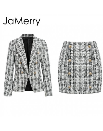 JaMerry w stylu Vintage 2 sztuka zestaw plaid blazer kobiety przyciski podwójne piersi urząd lady blazer kurtki odzież do pracy 