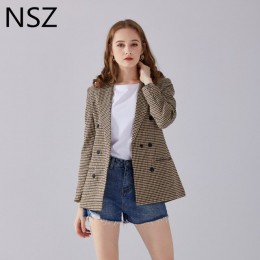 NSZ kobiety elegancki Plaid Blazer z długim rękawem podwójne piersi Slim sprawdź płaszcz praca w biurze krata garnitur kurtka Ho