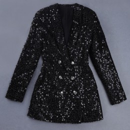 Wysoka jakość moda 2019 projektant Blazer kobiety podwójne guziki z lwem duży kołnierz brokat cekinami długi Runway czarny Blaze