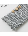 Simplee Plaid postrzępiona krawędź tweedowa kurtka płaszcz kobiety v-neck podwójne jednorzędowe guziki pas płaszcz damski z dług