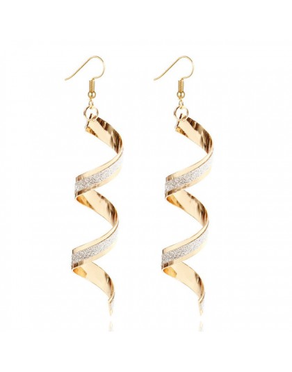 Moda kobiety Twist Spiral dynda kolczyk kreatywny Shinny Glitter obróć złoto srebro długie kolczyki wiszące dla kobiet biżuteria