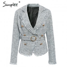 Simplee Plaid postrzępiona krawędź tweedowa kurtka płaszcz kobiety v-neck podwójne jednorzędowe guziki pas płaszcz damski z dług