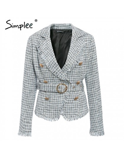 Simplee Plaid postrzępiona krawędź tweedowa kurtka płaszcz kobiety v-neck podwójne jednorzędowe guziki pas płaszcz damski z dług