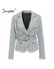 Simplee Plaid postrzępiona krawędź tweedowa kurtka płaszcz kobiety v-neck podwójne jednorzędowe guziki pas płaszcz damski z dług