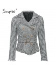 Simplee Plaid postrzępiona krawędź tweedowa kurtka płaszcz kobiety v-neck podwójne jednorzędowe guziki pas płaszcz damski z dług