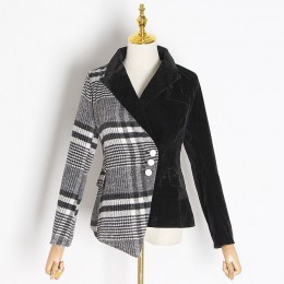 TWOTWINSTYLE welurowa wełna patchworkowa Plaid Blazer Coat kobieta z długim rękawem asymetryczne damskie garnitury 2019 wiosna m