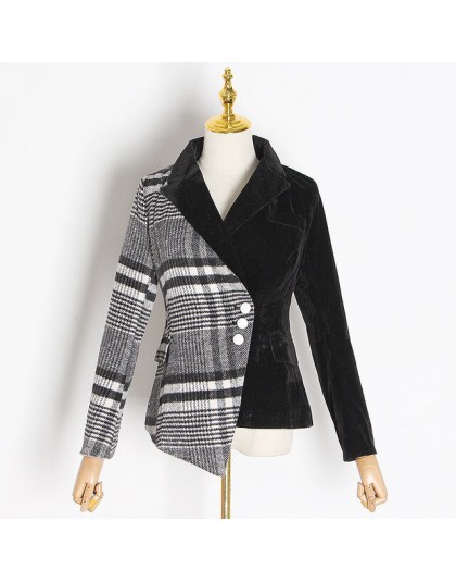 TWOTWINSTYLE welurowa wełna patchworkowa Plaid Blazer Coat kobieta z długim rękawem asymetryczne damskie garnitury 2019 wiosna m
