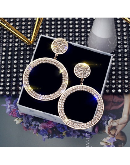 FYUAN Fashion Shining Circle Drop kolczyki precyzyjne wkładki złote srebrne z kryształem górskim kolczyki dla kobiet biżuteria w