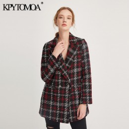 Vintage stylowy urząd Lady Plaid dwurzędowy tweedowy blezer płaszcz kobiety 2020 moda z długim rękawem kieszenie odzież wierzchn
