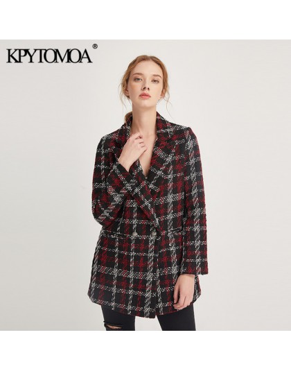 Vintage stylowy urząd Lady Plaid dwurzędowy tweedowy blezer płaszcz kobiety 2020 moda z długim rękawem kieszenie odzież wierzchn