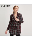 Vintage stylowy urząd Lady Plaid dwurzędowy tweedowy blezer płaszcz kobiety 2020 moda z długim rękawem kieszenie odzież wierzchn