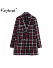 Vintage stylowy urząd Lady Plaid dwurzędowy tweedowy blezer płaszcz kobiety 2020 moda z długim rękawem kieszenie odzież wierzchn