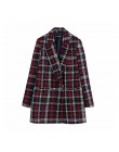 Vintage stylowy urząd Lady Plaid dwurzędowy tweedowy blezer płaszcz kobiety 2020 moda z długim rękawem kieszenie odzież wierzchn