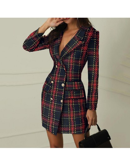 Moda garnitur kobiety marynarka sukienka jesień zima podwójne piersi Plaid kieszeń przycisk przód styl wojskowy Mini sukienka uw